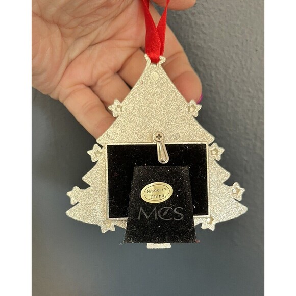 Green Enamel Silver Christmas Tree Photo Frame Red Ribbon Ornament Holiday Mes - Picture 3 of 3